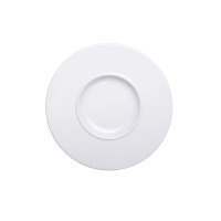 Biały talerz płytki 27 cm z kolekcji Muza marki Lubiana. Widok z góry na minimalistyczną, porcelanową zastawę o gładkiej powierzchni i klasycznym, okrągłym