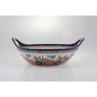 Miska z uszami Bolesławiec 149AR o średnicy 33,4 cm. Ceramiczna salaterka z ręcznie malowanym wzorem kwiatów i motyli w odcieniach czerwieni, błękitu i zieleni.