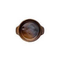 Brązowa salaterka Verlo Ramekin 9,5 cm z serii FIRE o okrągłym kształcie z dwoma uchwytami, widok z góry na ceramiczne naczynie o gładkiej powierzchni.