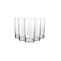 Zestaw sześciu wysokich szklanek Mixology marki Krosno Glass S.A. o pojemności 350 ml. Przezroczyste naczynia z grubym, ozdobnie żłobionym dnem na białym tle.