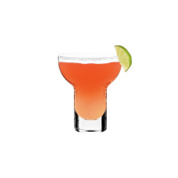 Szklanka do drinków Krosno Shake N°1 MANHATAN z czerwonym koktajlem, ozdobiona plasterkiem limonki na krawędzi z solą. Przezroczyste szkło o charakterystycznym