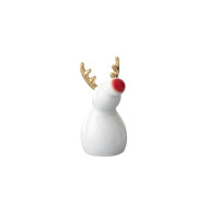 Porcelanowa figurka renifera Ćmielów o wysokości 13 cm. Biała, gładka powierzchnia korpusu kontrastuje z błyszczącymi, złotymi rogami oraz wyrazistym