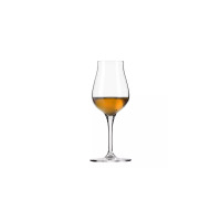 Kieliszek degustacyjny do whisky Avant-Garde od Krosno Glass S.A. o pojemności 110 ml. Smukła czasza na wysokiej nóżce wypełniona bursztynowym trunkiem na
