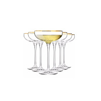 Zestaw sześciu eleganckich kieliszków do szampana Harmony Gold od Krosno Glass S.A. o pojemności 240 ml, wyróżniających się złotym wykończeniem krawędzi.