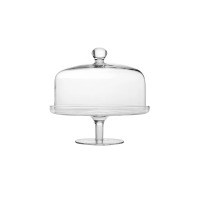 Szklana patera na nodze z kloszem Glamour od Krosno Glass S.A. Przezroczyste naczynie z elegancką pokrywą i uchwytem w formie kuli, idealne do serwowania ciast.