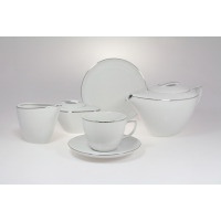 Porcelanowy garnitur do kawy Chodzież B325 CITY Platynowa. Zestaw dla 12 osób z białej porcelany z subtelną platynową linią, obejmujący filiżankę, dzbanek i