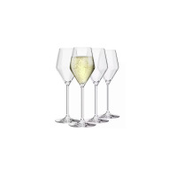 Zestaw czterech eleganckich kieliszków do szampana RAY od Krosno Glass S.A. o pojemności 175 ml. Jeden z kieliszków jest wypełniony musującym trunkiem.