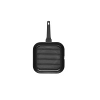 Czarna kwadratowa patelnia grillowa Gerlach Monolit 28 cm z charakterystycznym żebrowanym dnem, widok z góry na nieprzywierającą powłokę i ergonomiczny uchwyt.