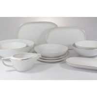 Elegancki serwis obiadowy Chodzież B326 CITY Złote dla 12 osób. Biała porcelana o nowoczesnym kształcie z subtelną złotą linią na krawędziach naczyń.