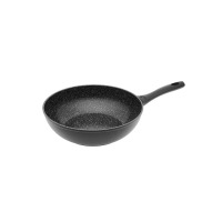 Patelnia wok Gerlach Granitex o średnicy 28 cm z nieprzywierającą powłoką o nakrapianej, granitowej teksturze i czarnym, ergonomicznym uchwytem, widok z ukosa.