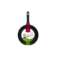 Wok Gerlach Granitex 28 cm o czarnej, granitowej teksturze z ergonomiczną rączką. Na środku patelni znajduje się etykieta z logo Gerlach oraz informacjami o