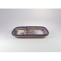 Półmisek ceramiczny Bolesławiec 149AR o wymiarach 21x25 cm. Prostokątne naczynie z dwiema przegrodami, zdobione tradycyjnym motywem kwiatowym w odcieniach