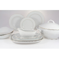 Elegancki serwis obiadowy Ćmielów 3604 ROCOCO dla 6 osób. Biała porcelana z delikatnym reliefem i złotym zdobieniem na brzegach naczyń, waza, sosjerka i