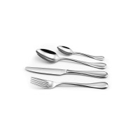 Komplet sztućców Amefa Drift na białym tle: widelec do ciasta 8050, nóż, łyżka stołowa oraz łyżeczka, ułożone w rzędzie. Elegancki design ze stali nierdzewnej.