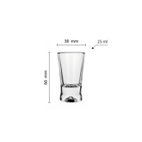 Przezroczysty kieliszek do wódki Glasmark o pojemności 25 ml. Widok z przodu z naniesionymi wymiarami: 38 mm średnicy oraz 66 mm wysokości. Klasyczne szkło