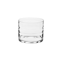 Szklany wazon z optykiem poziomym marki Krosno Glass S.A. o wysokości 19,6 cm. Przezroczyste naczynie o cylindrycznym kształcie z wyraźnymi, poziomymi