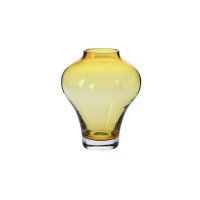 Bursztynowy wazon Amfora marki Krosno Glass o wysokości 22 cm. Szklane naczynie o pękatym kształcie z szeroką szyjką, osadzone na stabilnej, przezroczystej