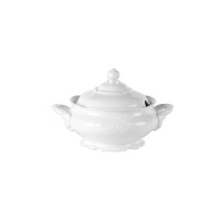 Biała waza z porcelany Chodzież z kolekcji Fryderyka, zdobiona klasycznymi tłoczeniami. Eleganckie naczynie z pokrywką i uchwytami, element zestawu kawowego.
