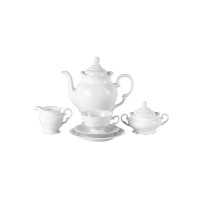 Biały zestaw kawowy Chodzież Fryderyka: dzbanek, cukiernica, mlecznik oraz filiżanka ze spodkiem. Klasyczna porcelana o eleganckim, reliefowym zdobieniu.