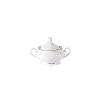 Cukiernica z zestawu kawowego Fryderyka Złota Linia marki Chodzież. Biała porcelana o klasycznym kształcie z delikatnym tłoczeniem i eleganckim złotym