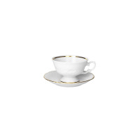 Biała filiżanka ze spodkiem z zestawu kawowego Chodzież 3616 Fryderyka Złota Linia. Porcelana z subtelnym tłoczeniem, wykończona eleganckim, złotym zdobieniem.