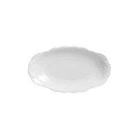 Owalny półmisek z serwisu obiadowego Fryderyka Biała marki Chodzież. Biała porcelana o klasycznym kształcie z delikatnymi, reliefowymi zdobieniami na brzegach.
