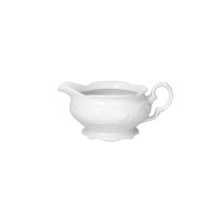 Sosjerka z serwisu obiadowego Fryderyka Biała marki Chodzież. Biała porcelana o klasycznym, tłoczonym wzorze z ozdobnym uchwytem i profilowaną podstawą.