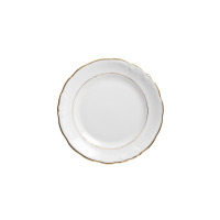 Talerz płytki z serwisu obiadowego Chodzież Fryderyka Złota Linia. Biała porcelana o klasycznym kształcie z delikatnym reliefem i eleganckim, złotym zdobieniem