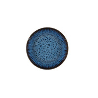 Talerz deserowy Lubiana Stoneware S006T Cosmos o średnicy 20,5 cm. Okrągłe naczynie z niebieską, nakrapianą powierzchnią i ciemnym, promienistym zdobieniem na