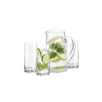 Komplet 5-częściowy do wody FJORD od Krosno Glass S.A. Szklany dzbanek i cztery wysokie szklanki z ozdobnym, fakturowanym dnem, wypełnione napojem z miętą i
