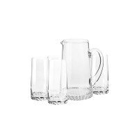 Komplet 5-częściowy do wody FJORD od Krosno Glass S.A. Szklany dzbanek z uchwytem oraz cztery wysokie szklanki o przejrzystej strukturze i ozdobnym dnie.