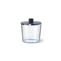 Szklana cukierniczka Simax o pojemności 350 ml z czarną plastikową pokrywką. Minimalistyczny design, widoczne wycięcie w wieczku na łyżeczkę, ujęcie na wprost.