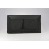 Półmisek prostokątny Lubiana Classic Black o wymiarach 33x18 cm. Eleganckie czarne naczynie z połyskiem, ustawione na podstawce, widok z przodu na białym tle.