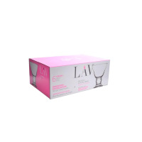 Opakowanie zbiorcze 6 szklanych pucharków do lodów LAV Orion o pojemności 255 ml. Różowe pudełko z grafiką produktu, logotypem marki i napisem Dondurma