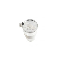 Biały kubek termiczny szklany Vialli Design Fuori 600 ml z silikonową opaską i przezroczystą pokrywką z białym zamknięciem, widok z góry na wnętrze naczynia.