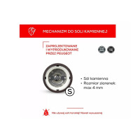 Mechanizm mielący młynka do soli Peugeot 12 cm Aluminium Line. Widok od dołu na stalowe żarna z oznaczeniem S. Instrukcja: tylko sól kamienna, ziarna max 4 mm