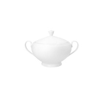 Biała waza porcelanowa Chodzież Dalia o pojemności 2,5 l. Naczynie z pokrywką posiada eleganckie pionowe żłobienia, dwa wyprofilowane uchwyty i stabilną