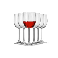 Zestaw sześciu eleganckich kieliszków do wina Gema marki Krosno Glass o pojemności 340 ml. Jeden kieliszek wypełniony czerwonym winem, pozostałe puste