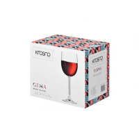 Kartonowe opakowanie zestawu 6 kieliszków do wina Krosno Gema o pojemności 340 ml. Na białym tle widoczny produkt, logo marki oraz kolorowy, geometryczny wzór.