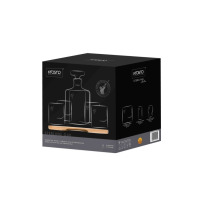 Opakowanie kompletu do whisky Sterling OAK marki Krosno Glass. Czarny karton z grafiką karafki, szklanek i dębowej tacy. Widoczne logo Krosno, nazwa kolekcji i