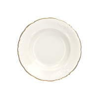 Głęboki talerz z serwisu obiadowego Fryderyka IVORY Złota Linia marki Chodzież. Kremowa porcelana z eleganckim tłoczonym wzorem na brzegach i złotym