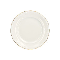 Talerz płytki z serwisu obiadowego Fryderyka Ivory Złota Linia marki Chodzież. Kremowa porcelana z eleganckim reliefem na brzegach i delikatnym złotym