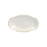 Owalny półmisek z serwisu obiadowego Fryderyka Ivory Złota Linia marki Chodzież. Kremowa porcelana z reliefami na brzegach i eleganckim, złotym wykończeniem.