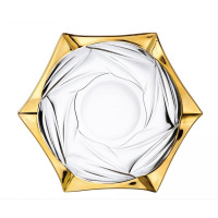 Talerz kryształowy Bohemia Flamenco Gold Soft o średnicy 33 cm. Przezroczyste szkło z ozdobnymi żłobieniami i eleganckim, złotym wykończeniem krawędzi, widok z