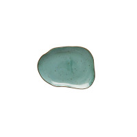 Spodek z zestawu filiżanek Lubiana Stone Age w kolorze morskim. Ceramiczne naczynie o nieregularnym, organicznym kształcie z widocznymi drobnymi nakrapianiami.
