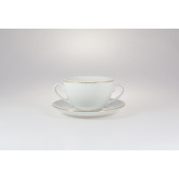 Biała bulionówka 0,35 l ze spodkiem marki Chodzież z serii 3604 YVONNE. Porcelanowe naczynie z dwoma uszkami, ozdobione delikatną złotą linią na krawędziach.