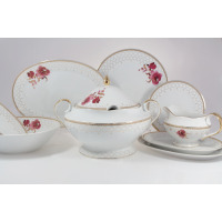 Serwis obiadowy Ćmielów G529 ASTRA Akwarela dla 6 osób. Biała porcelana z delikatnym złotym wzorem siatki i motywem różowych kwiatów, obejmująca wazę, talerze