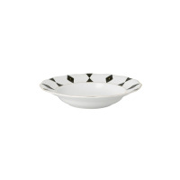 Talerz głęboki Ćmielów Alaska Dama Kier o średnicy 22,5 cm. Biała porcelana z eleganckim, czarno-złotym geometrycznym wzorem w kształcie rombów na falistym