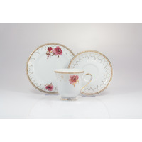 Zestaw kawowy Ćmielów G529 Astra Akwarela: biała porcelana z motywem różowych kwiatów i złotym zdobieniem, obejmująca filiżankę, spodek oraz talerzyk deserowy.