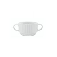 Biała bulionówka 300 ml Daisy Hotel marki Lubiana. Porcelanowe naczynie z dwoma uchwytami, ozdobione pionowym żłobkowaniem na ściankach, widok z profilu na